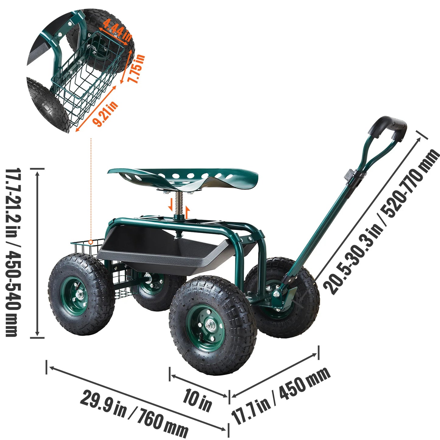 Garden Cart Rolling Workseat with 360 Degree Swivel Seat