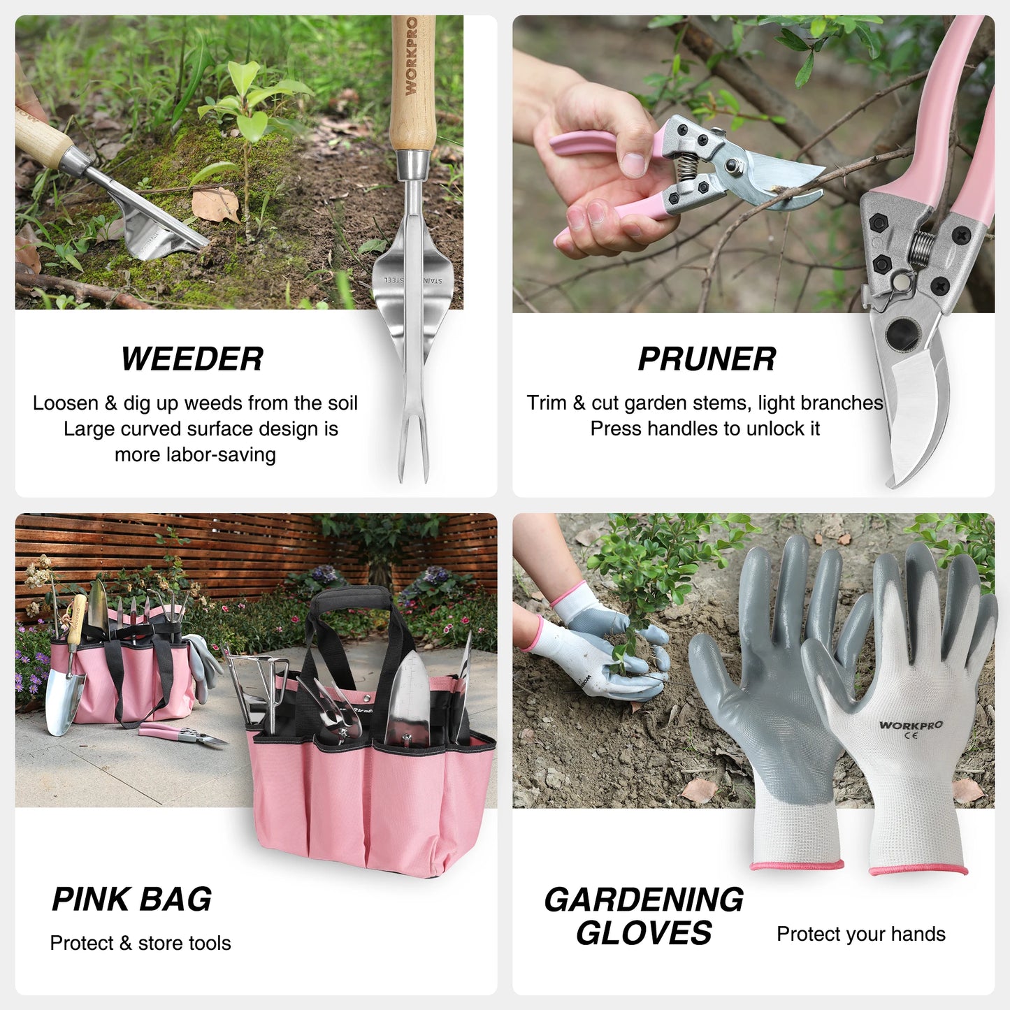 WORKPRO 8-Piece Pink Stainless Steel Garden Tool Set,