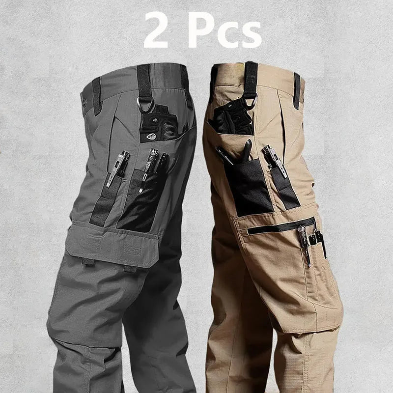 2Pcs  Men's Tactical Casual Cargo Pants, Waterproof, Multi-pocket and Wear-Resistant