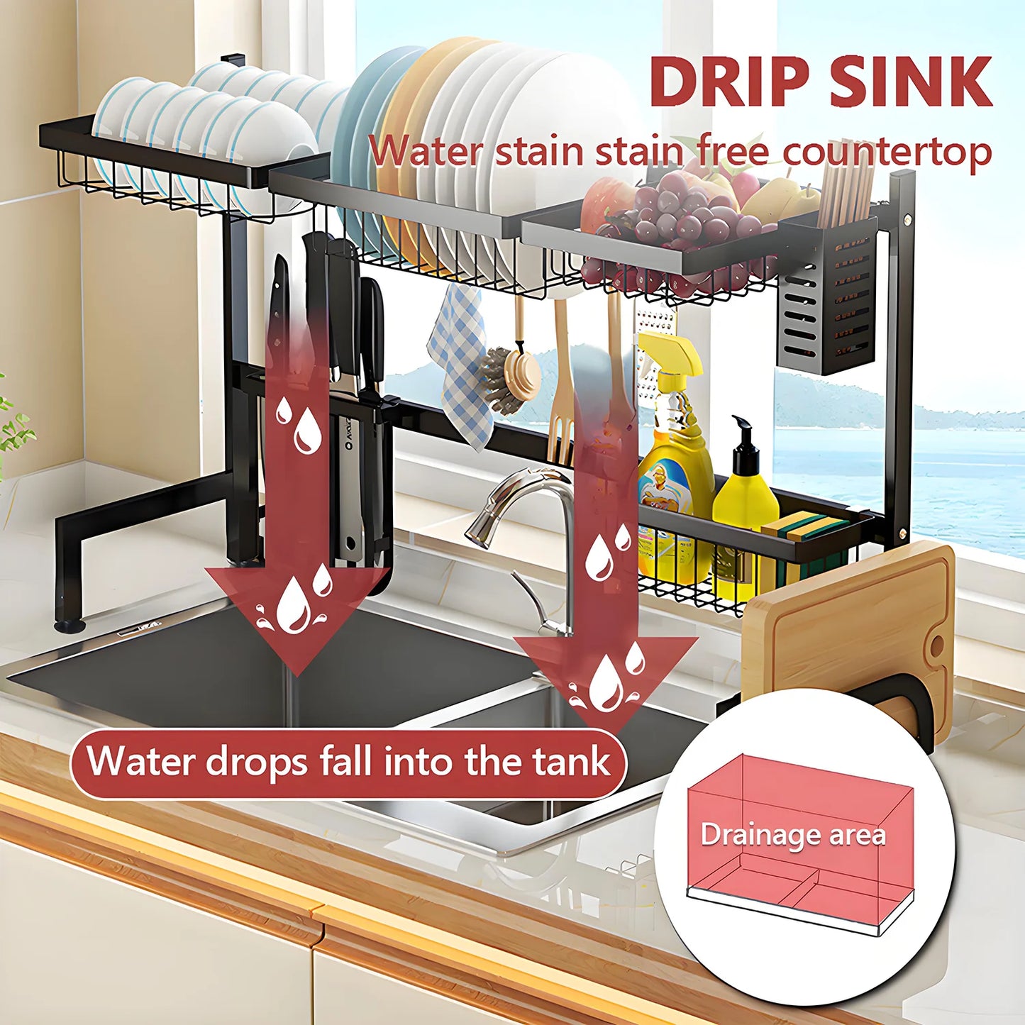 Double-layer Black Kitchen Ventilated Sink Organizer.