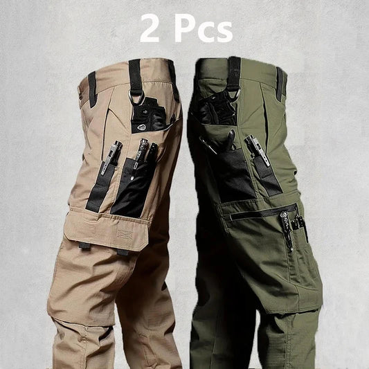 2Pcs  Men's Tactical Casual Cargo Pants, Waterproof, Multi-pocket and Wear-Resistant