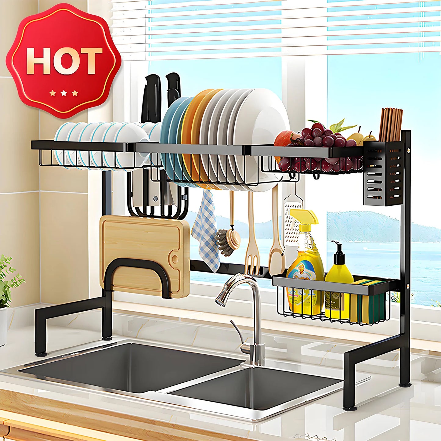 Double-layer Black Kitchen Ventilated Sink Organizer.