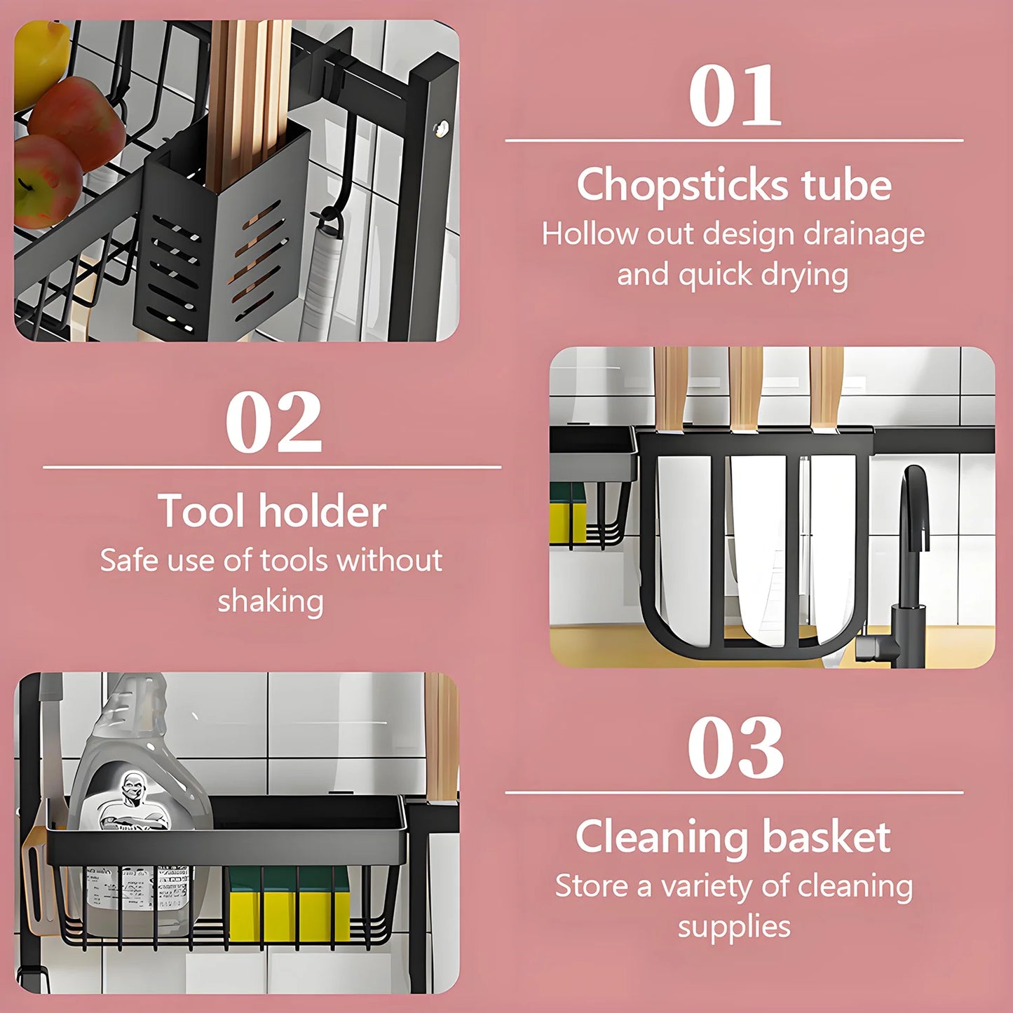 Double-layer Black Kitchen Ventilated Sink Organizer.