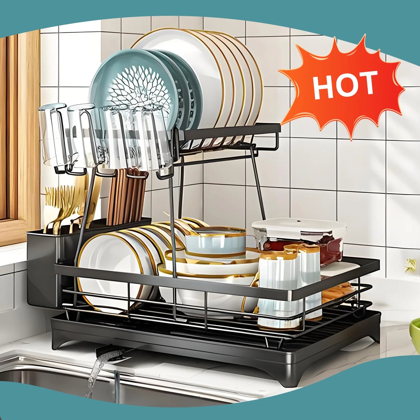2-Tier Stainless Steel Foldable Dish Racks ,