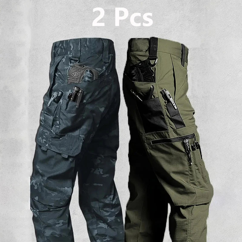2Pcs  Men's Tactical Casual Cargo Pants, Waterproof, Multi-pocket and Wear-Resistant