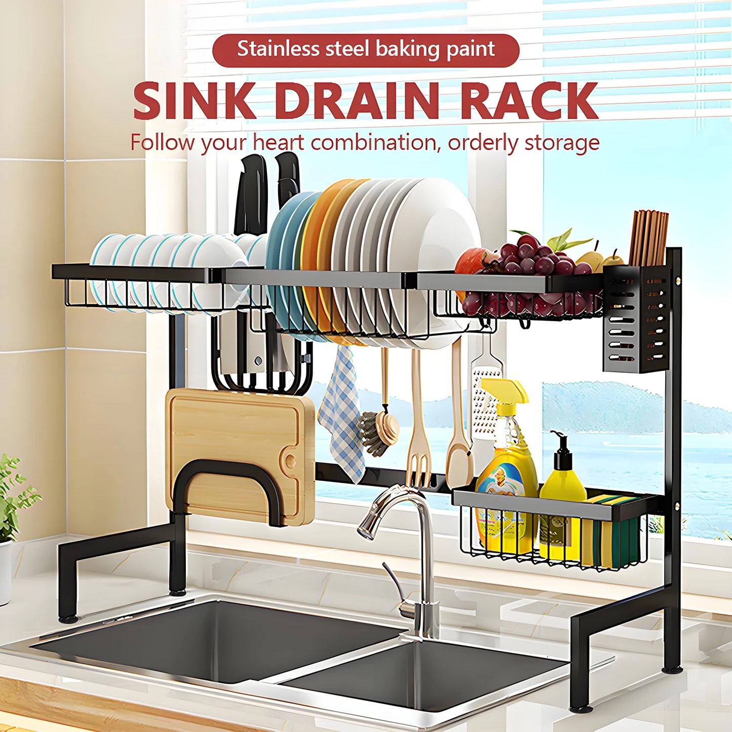 Double-layer Black Kitchen Ventilated Sink Organizer.