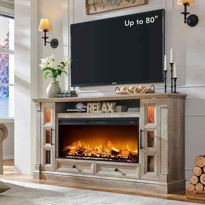 Fireplace TV Stand for up-to-80 TV, Farmhouse 36" Tall Entertainment Center with 42" Electric Fireplace, Rustic Media Console wi
