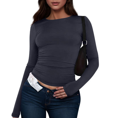 Cotton O Neck Long Sleeve Shirt Women Various Colors