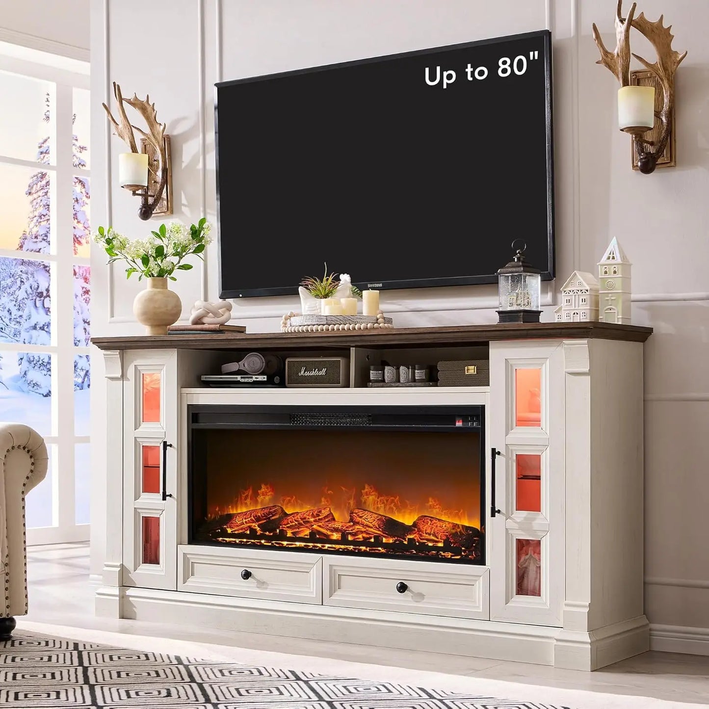 Fireplace TV Stand for up-to-80 TV, Farmhouse 36" Tall Entertainment Center with 42" Electric Fireplace, Rustic Media Console wi