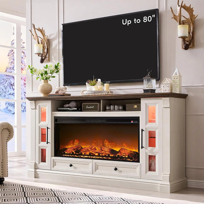 Fireplace TV Stand for up-to-80 TV, Farmhouse 36" Tall Entertainment Center with 42" Electric Fireplace, Rustic Media Console wi