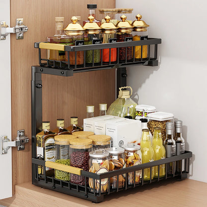 2-Tier Pull Out Cabinet Organizer Under Sink Storage Shelf for Kitchen Bathroom Carbon Steel Slide Out Sink Shelves for Cabinet