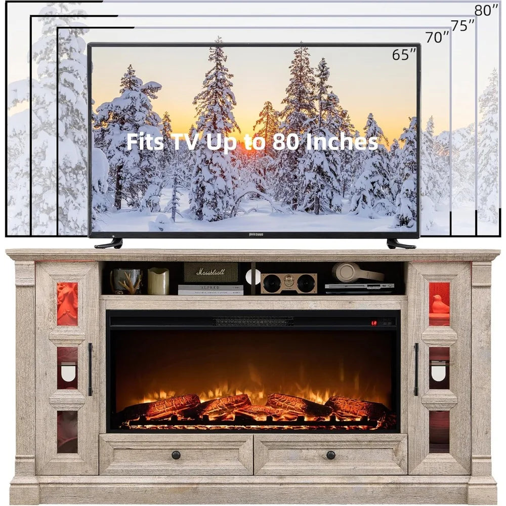 Fireplace TV Stand for up-to-80 TV, Farmhouse 36" Tall Entertainment Center with 42" Electric Fireplace, Rustic Media Console wi