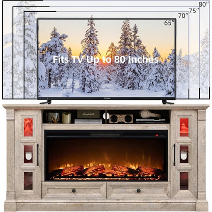 Fireplace TV Stand for up-to-80 TV, Farmhouse 36" Tall Entertainment Center with 42" Electric Fireplace, Rustic Media Console wi