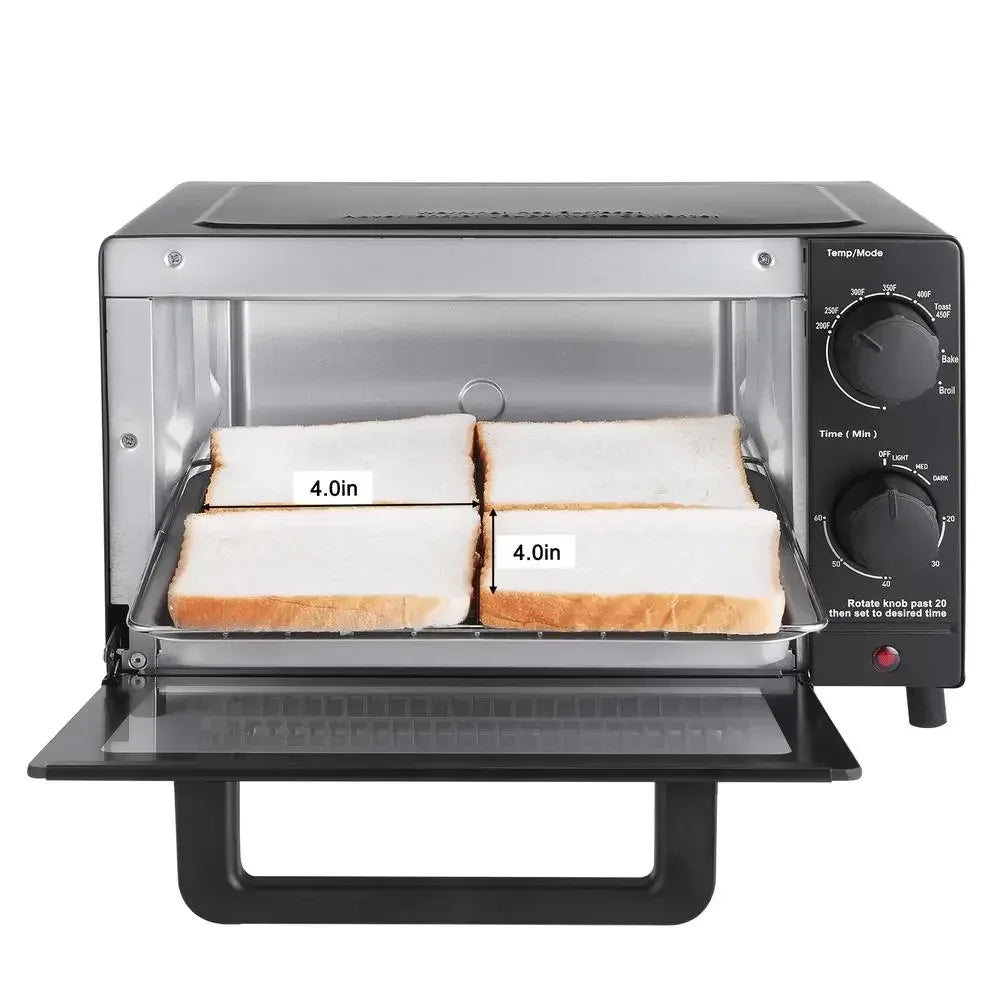 4 Slice Toaster Oven Bake Broil & Toast 9-inch Pizza or 4 Bread Slices Quartz Heating Elements 60 Minute Timer 1050W Power