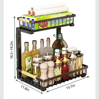 2-Tier Pull Out Cabinet Organizer Under Sink Storage Shelf for Kitchen Bathroom Carbon Steel Slide Out Sink Shelves for Cabinet