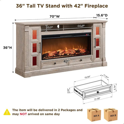 Fireplace TV Stand for up-to-80 TV, Farmhouse 36" Tall Entertainment Center with 42" Electric Fireplace, Rustic Media Console wi