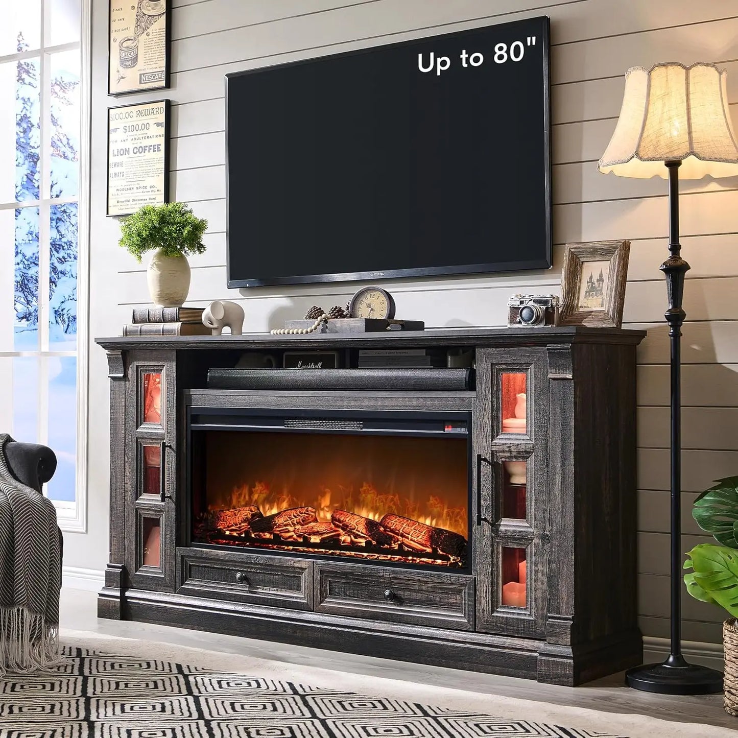 Fireplace TV Stand for up-to-80 TV, Farmhouse 36" Tall Entertainment Center with 42" Electric Fireplace, Rustic Media Console wi