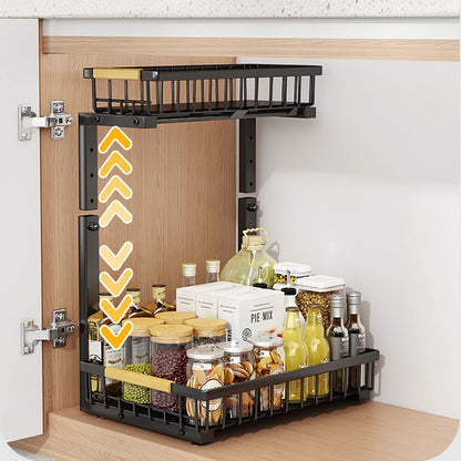 2-Tier Pull Out Cabinet Organizer Under Sink Storage Shelf for Kitchen Bathroom Carbon Steel Slide Out Sink Shelves for Cabinet