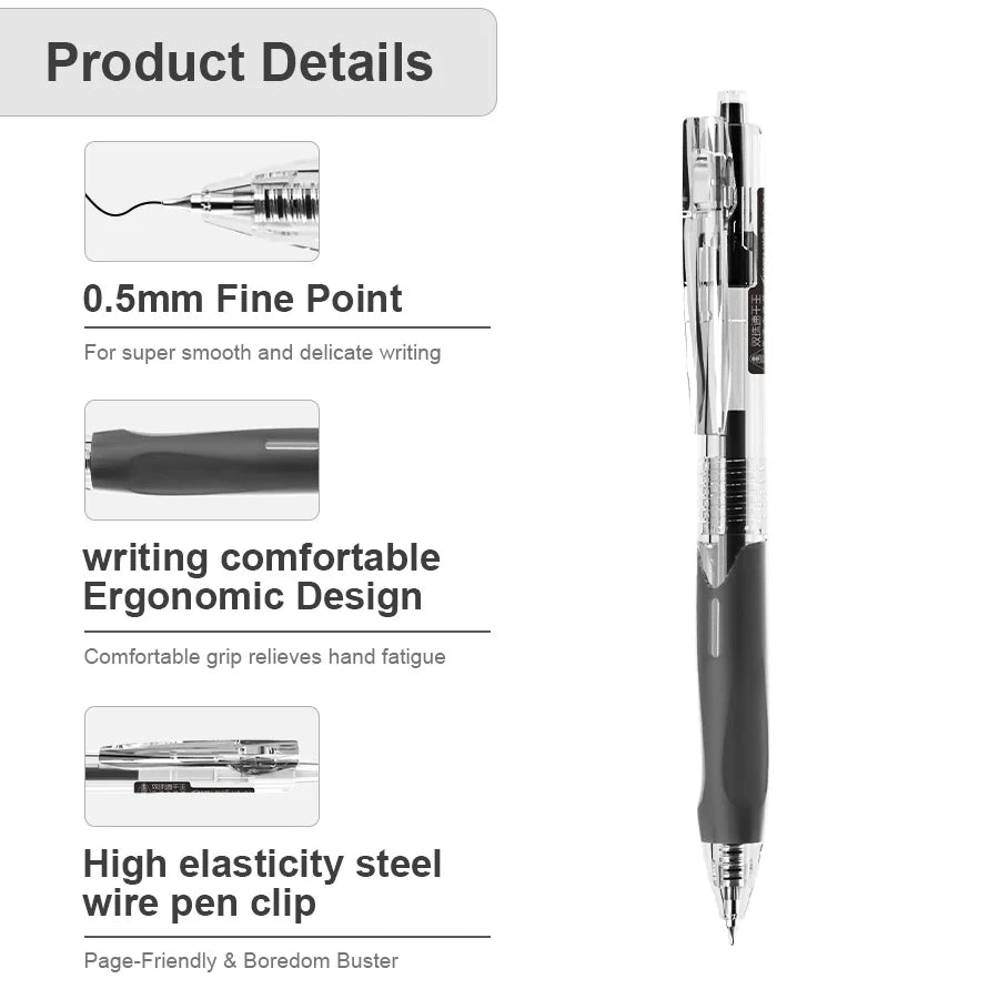12 Retractable Gel Pens, 0.5mm Fine Tip, Quick Dry Ink, Non-slip, Smooth Writing