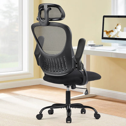 Mesh Ergonomic Computer Desk Chai, Flip-up Arms, Adjustable Headrests, Lumbar Support