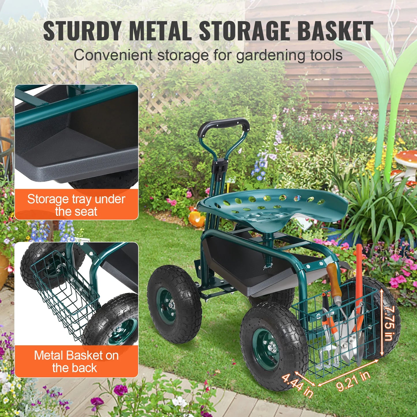 Garden Cart Rolling Workseat with 360 Degree Swivel Seat
