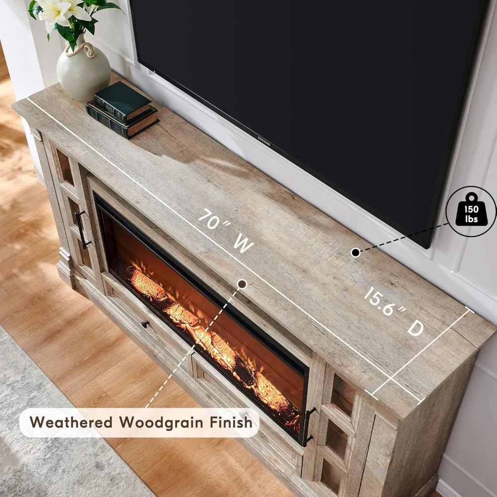 Fireplace TV Stand for up-to-80 TV, Farmhouse 36" Tall Entertainment Center with 42" Electric Fireplace, Rustic Media Console wi