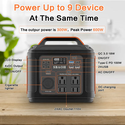 Portable Power Station, Solar Generator Quick Charge / 110V AC Outlets/DC Ports and LED Flashlight,
