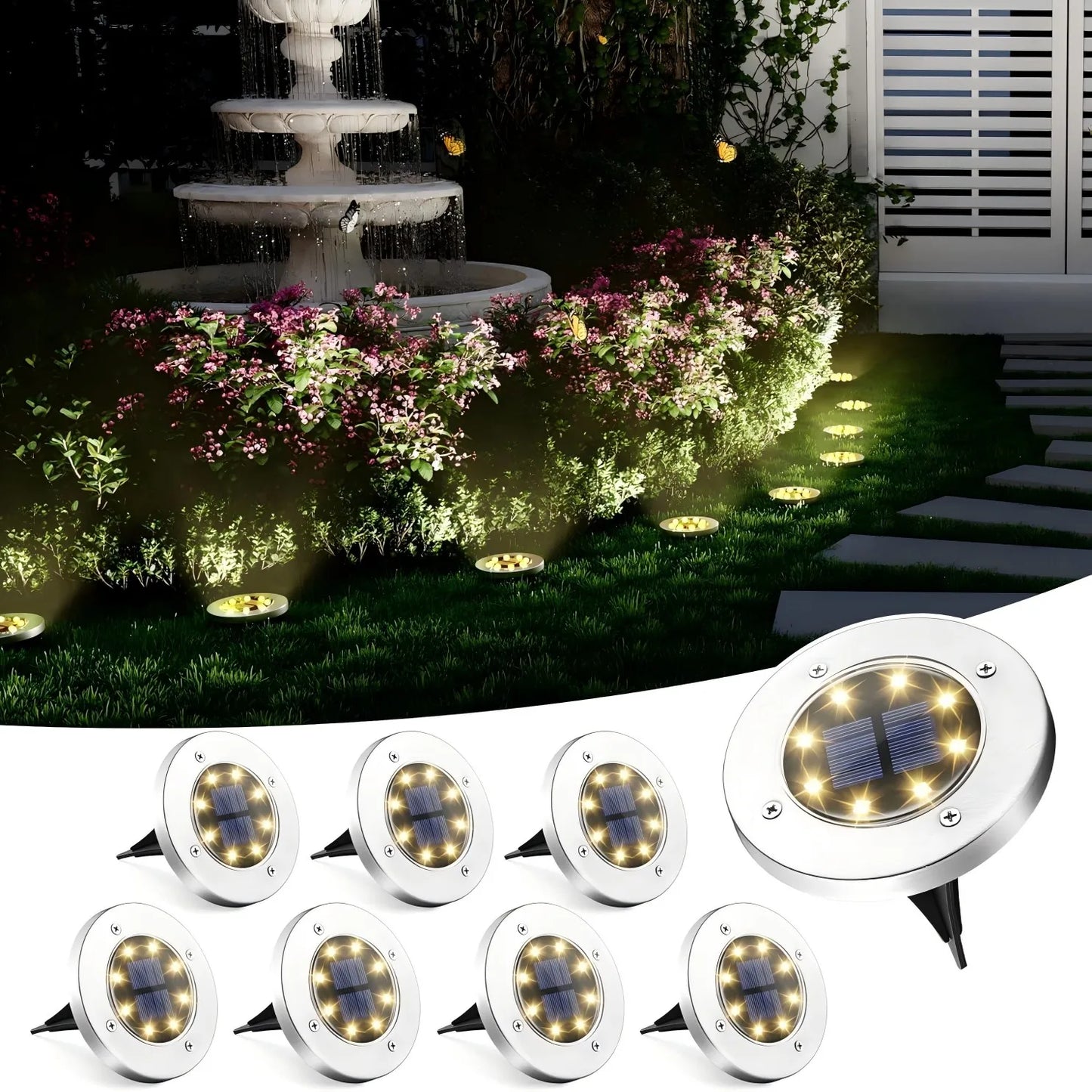 8 LED Solar Landscape Lighting for Pathway (Cool/Warm White)