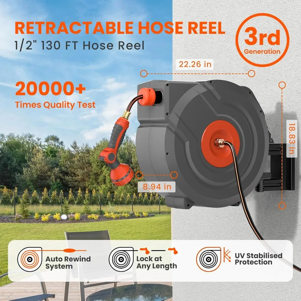3rd Generation Retractable Garden Hose 130 ft x 1/2 inch Heavy Duty Wall-Mounted Hose Reels for Outside 180°