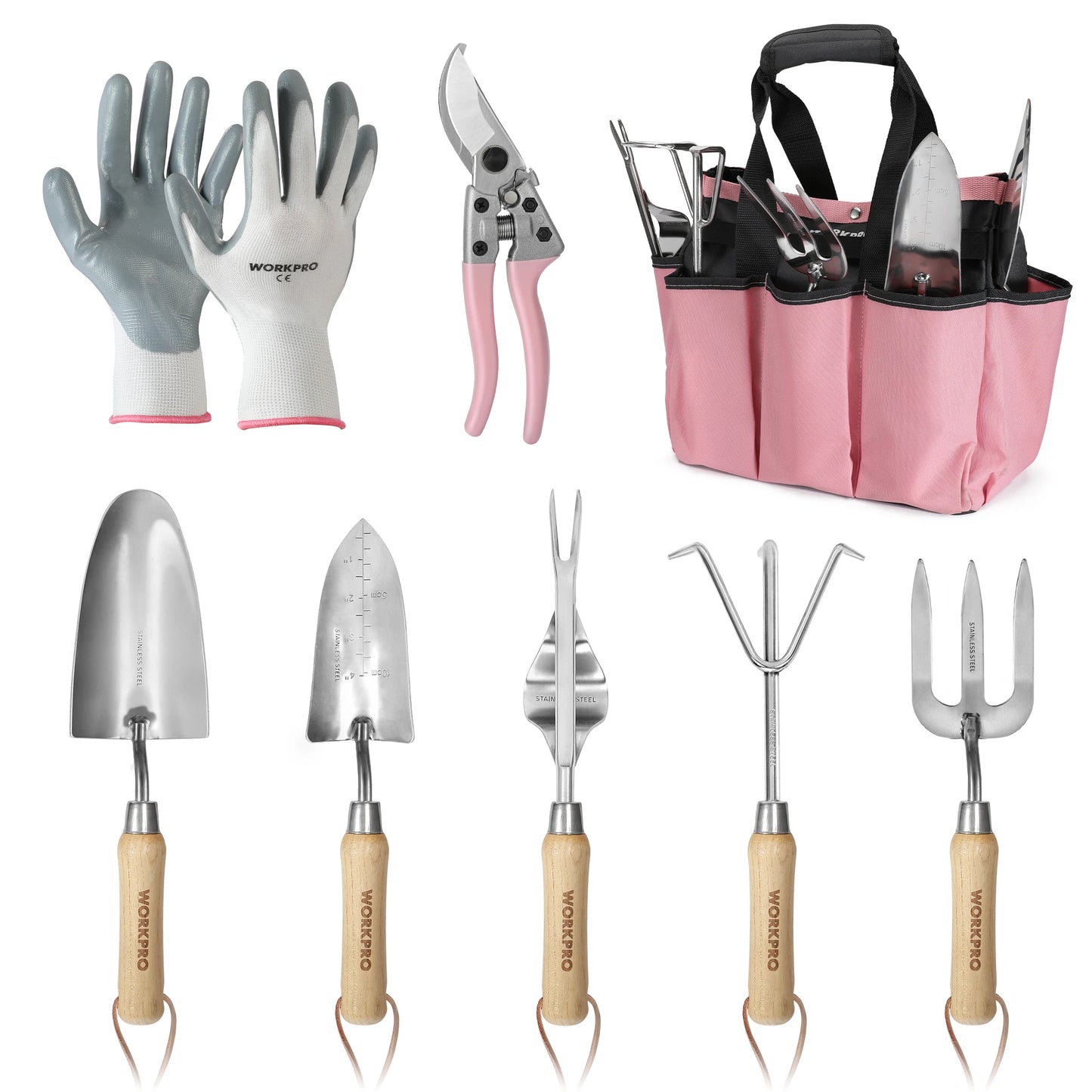 WORKPRO 8-Piece Pink Stainless Steel Garden Tool Set,