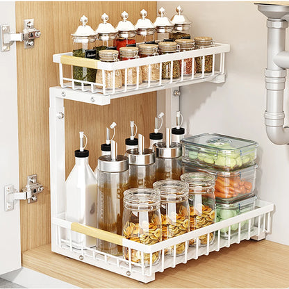 2-Tier Pull Out Cabinet Organizer Under Sink Storage Shelf for Kitchen Bathroom Carbon Steel Slide Out Sink Shelves for Cabinet