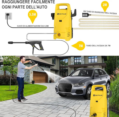 Electric High Pressure Washer 1600W,120bar,380l/h Adjustable Lance from 0 to 180°,7m Flexible Hose,