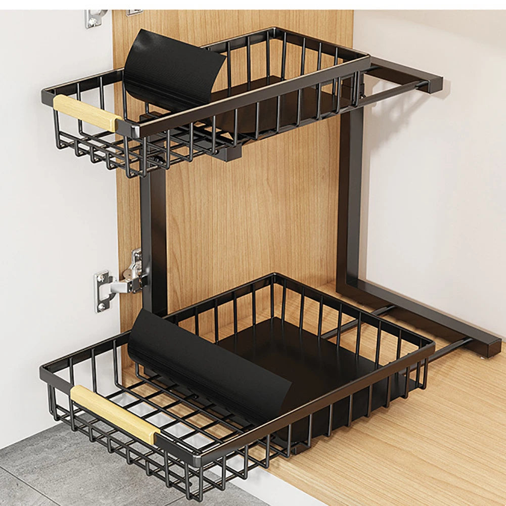 2-Tier Pull Out Cabinet Organizer Under Sink Storage Shelf for Kitchen Bathroom Carbon Steel Slide Out Sink Shelves for Cabinet