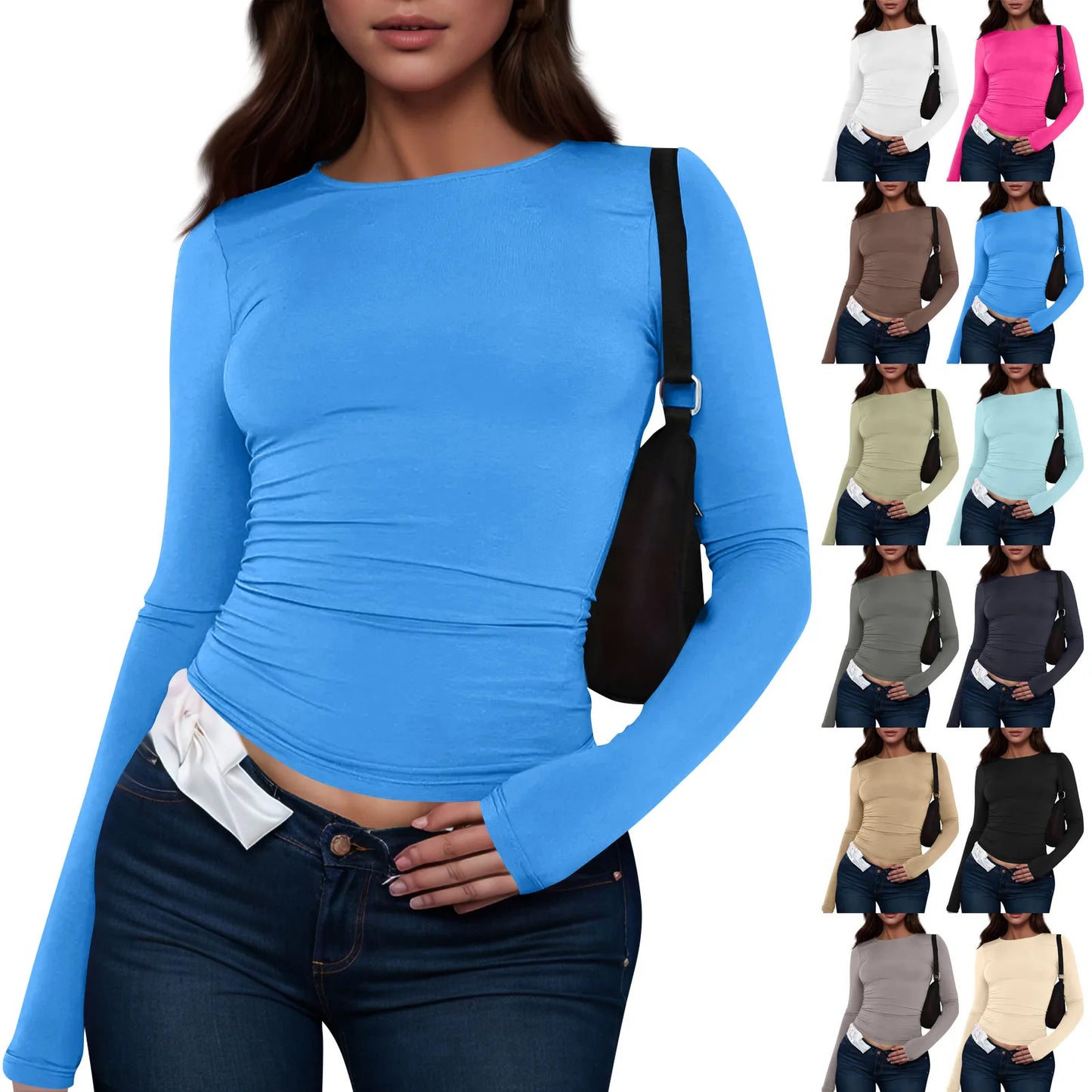 Cotton O Neck Long Sleeve Shirt Women Various Colors