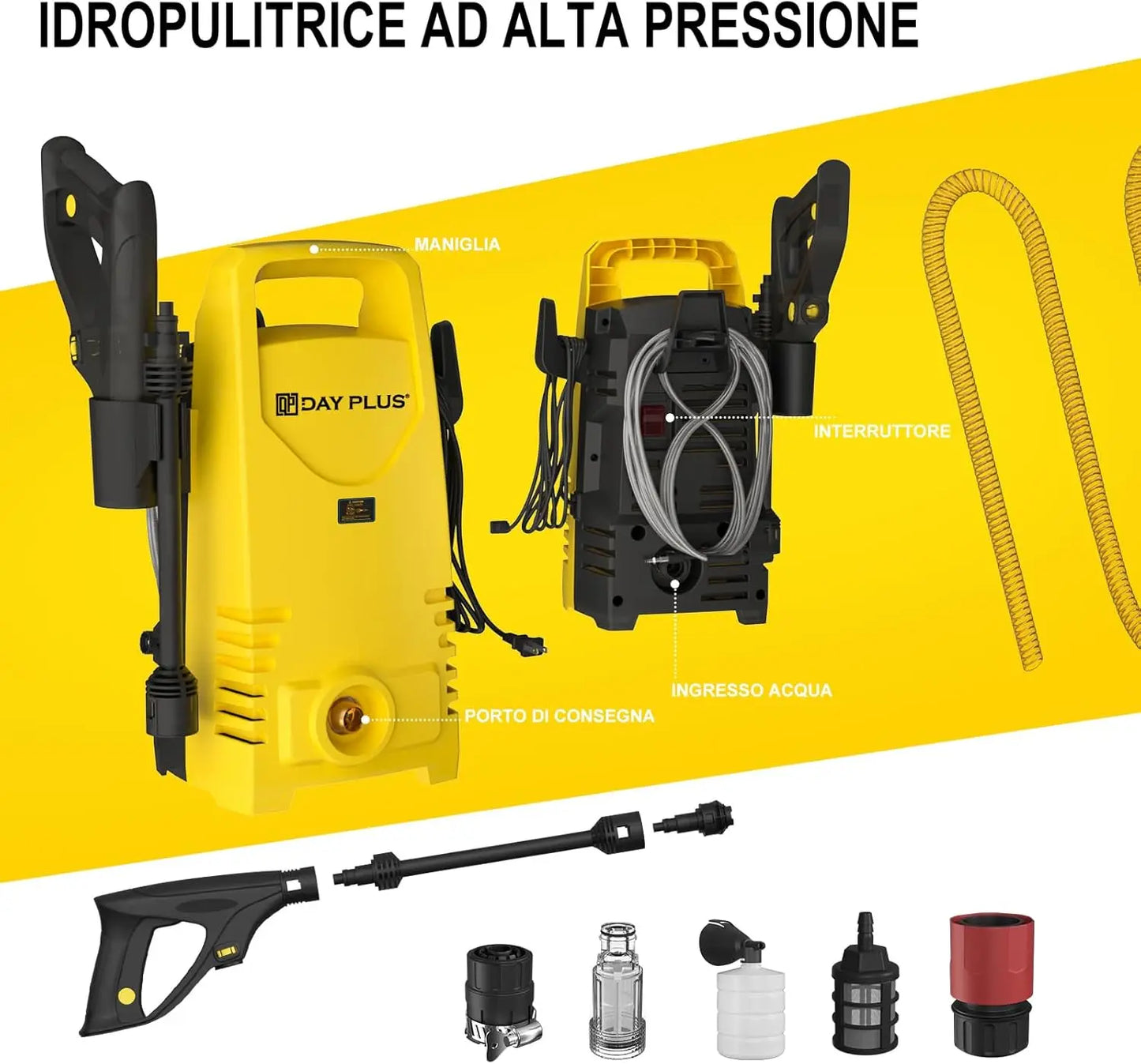 Electric High Pressure Washer 1600W,120bar,380l/h Adjustable Lance from 0 to 180°,7m Flexible Hose,