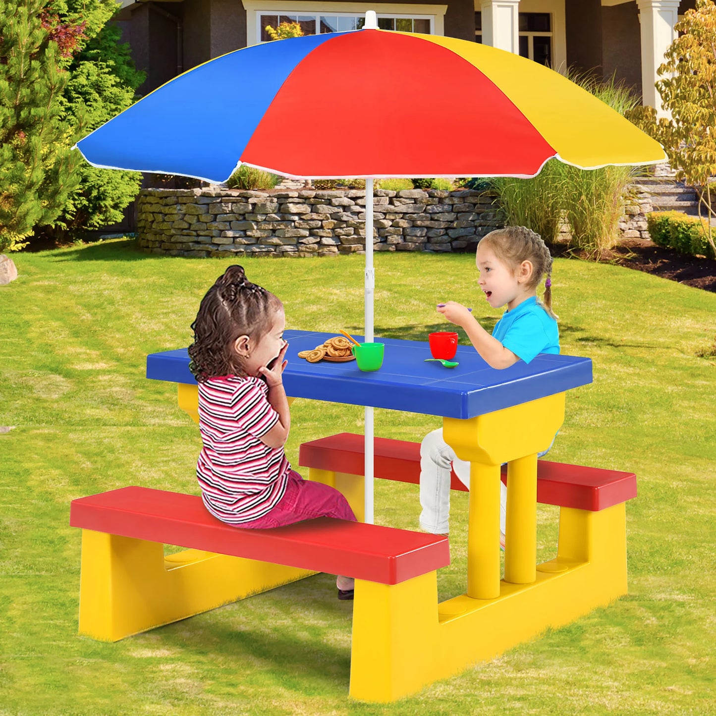 Kids Picnic Table Set W/Removable Umbrella