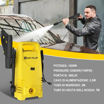 Electric High Pressure Washer 1600W,120bar,380l/h Adjustable Lance from 0 to 180°,7m Flexible Hose,